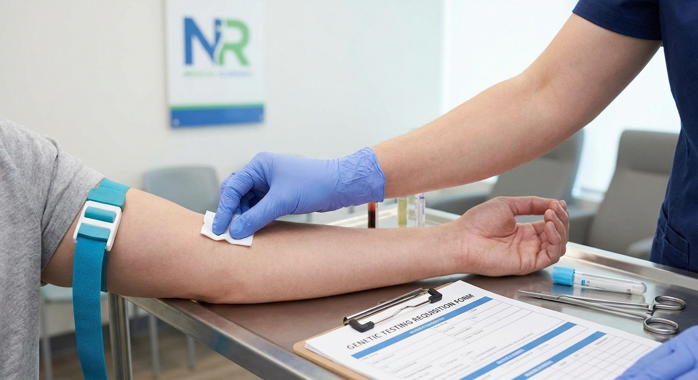Patient's arm being prepared for a blood draw with a genetic testing form visible on the counter.