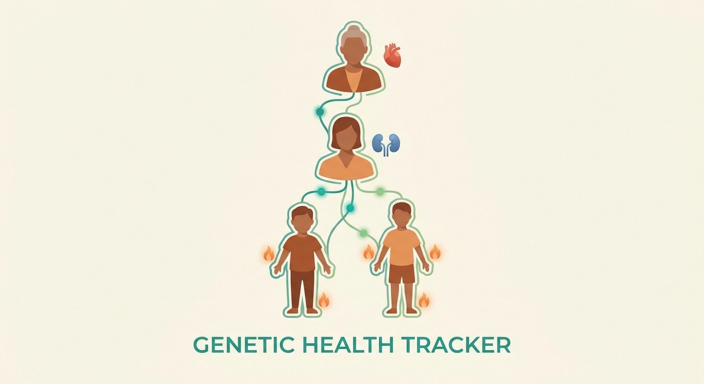 Multi-generational family tree illustration showing the hereditary pattern of Fabry disease with members affected by burning extremities, kidney failure, and heart disease.