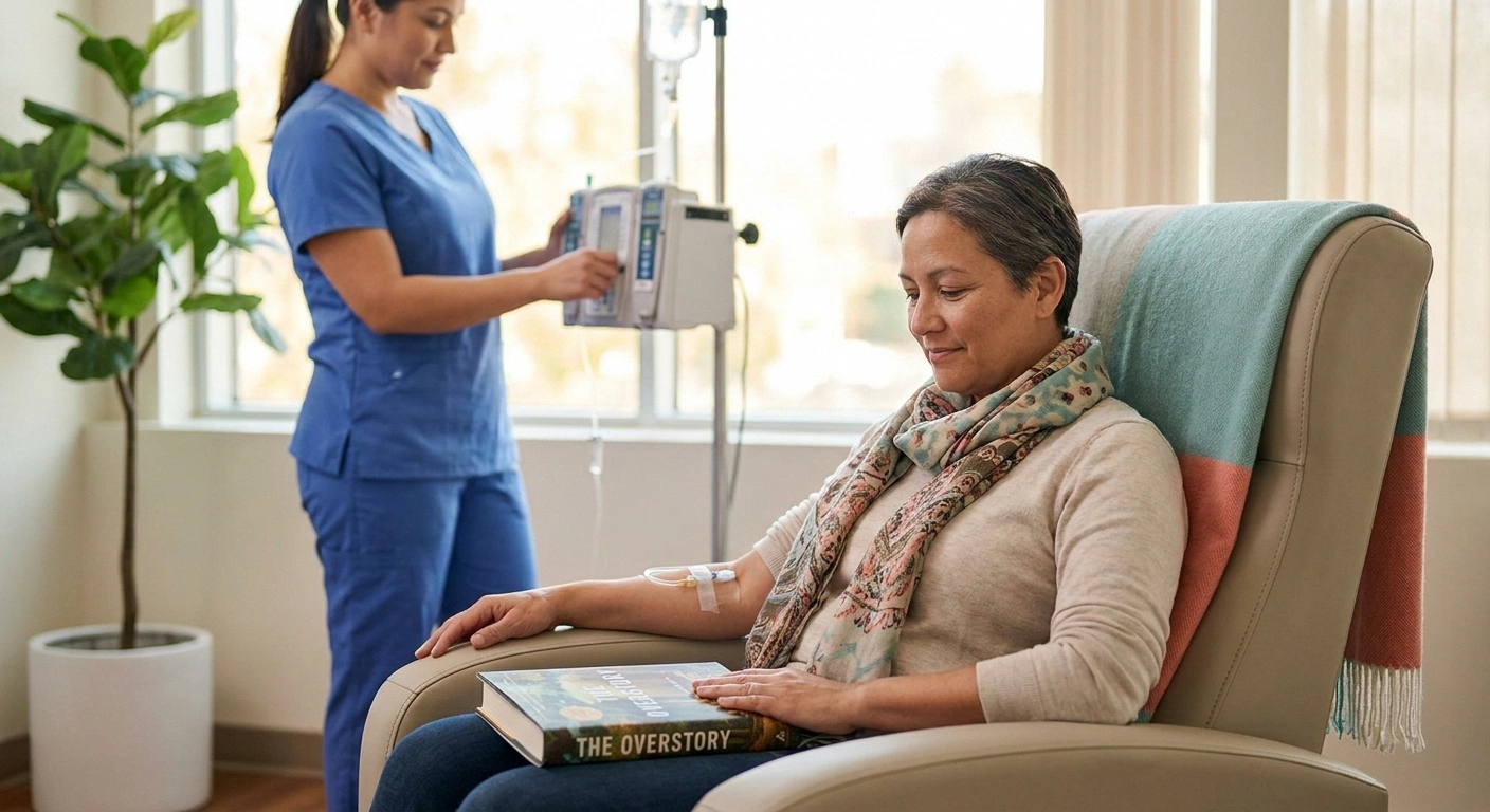 Patient sitting comfortably reading a book while receiving an enzyme replacement therapy infusion in a clinic.