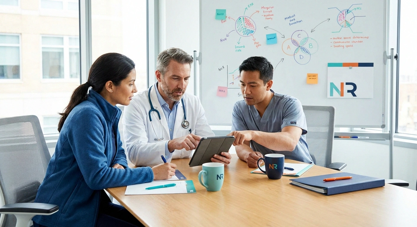 Multidisciplinary medical team reviewing a patient case on a tablet in a hospital meeting room.