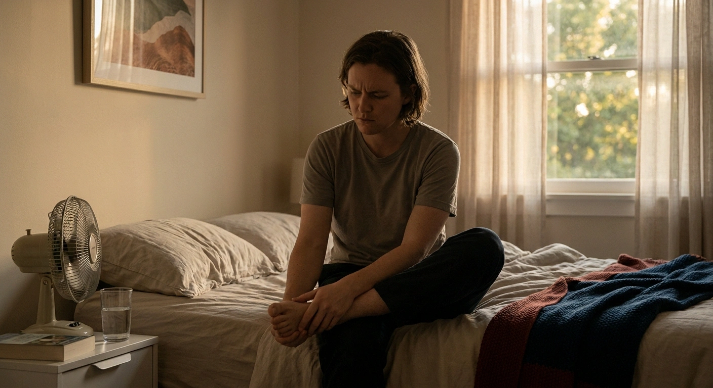 Young adult holding their feet during a Fabry pain crisis, sitting on the edge of a bed with a small fan running in the background.