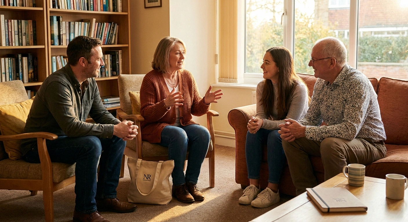 Small group of adults sitting in a circle sharing experiences at a patient support meeting in a community space.