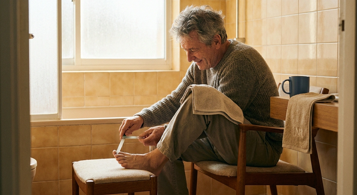 Older man calmly filing his toenail as part of safe foot-care routine with neuropathy
