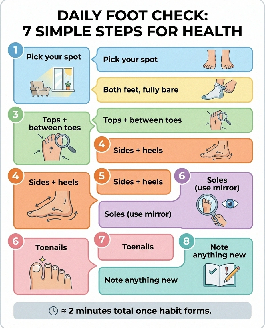 Seven-step infographic showing the 2-minute daily foot inspection routine for neuropathy.