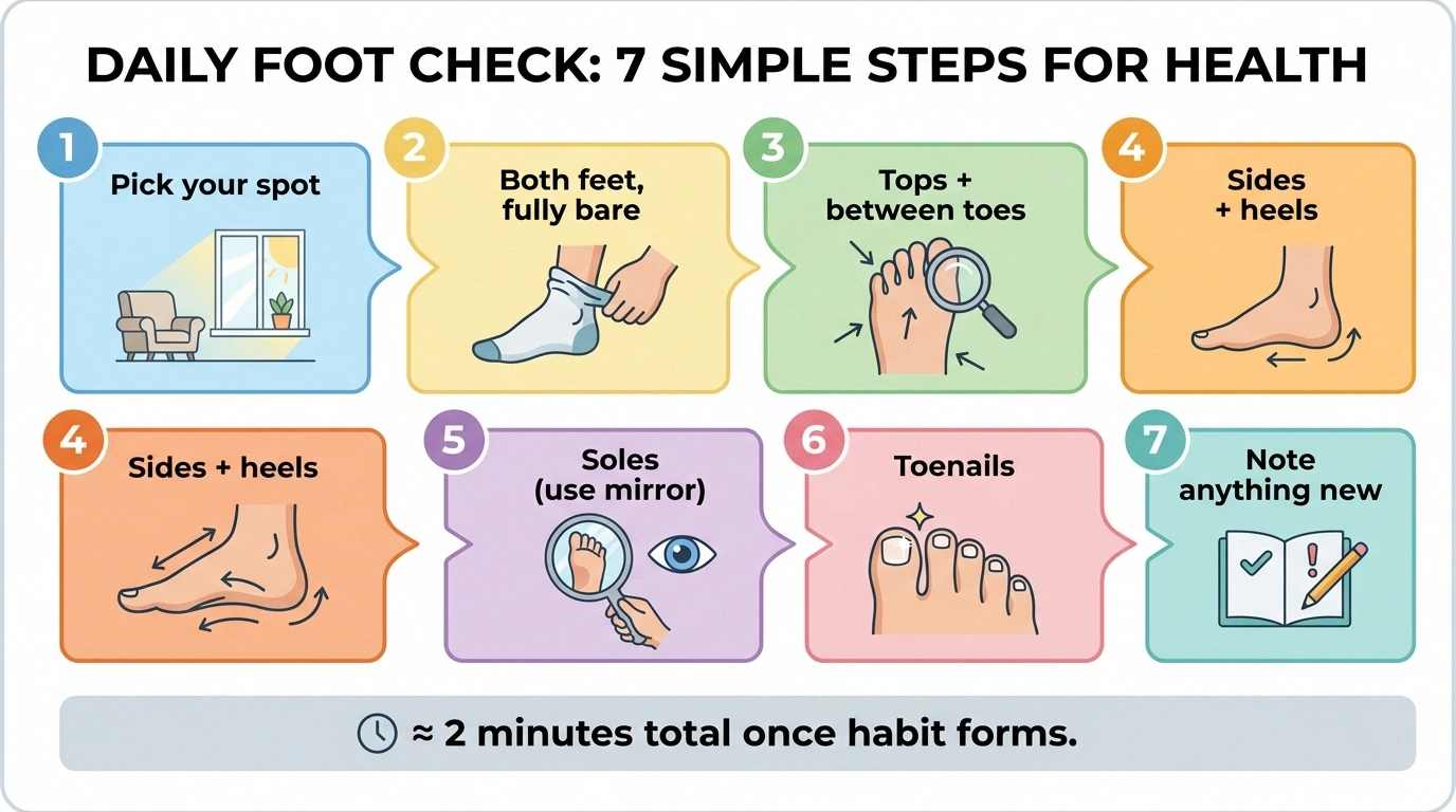Seven-step infographic showing the 2-minute daily foot inspection routine for neuropathy.