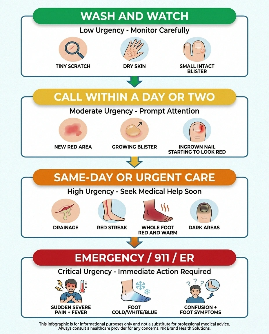 Color-coded decision tree showing when to wash and watch, call a doctor, seek urgent care, or call 911 for foot symptoms.