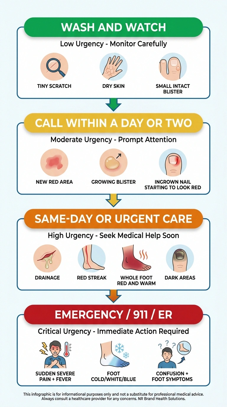 Color-coded decision tree showing when to wash and watch, call a doctor, seek urgent care, or call 911 for foot symptoms.