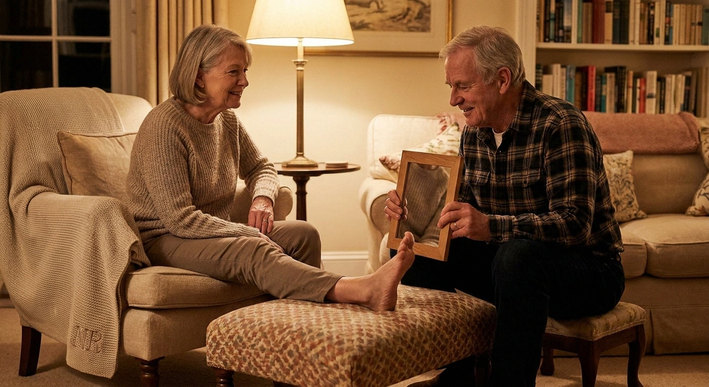 Older couple performs daily foot inspection together as a shared habit in their living room.