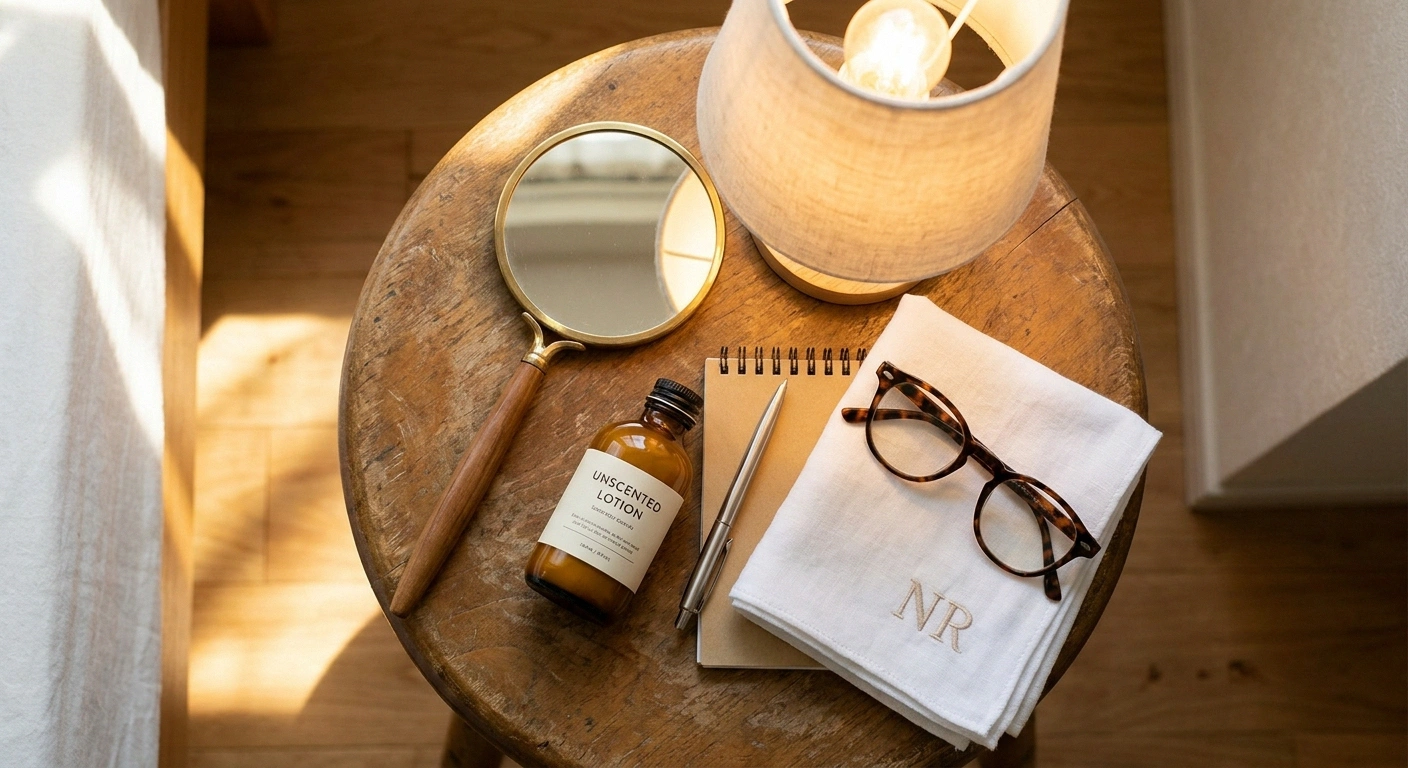 Essential tools for daily foot inspection — mirror, lamp, lotion, notebook, towel, and reading glasses.