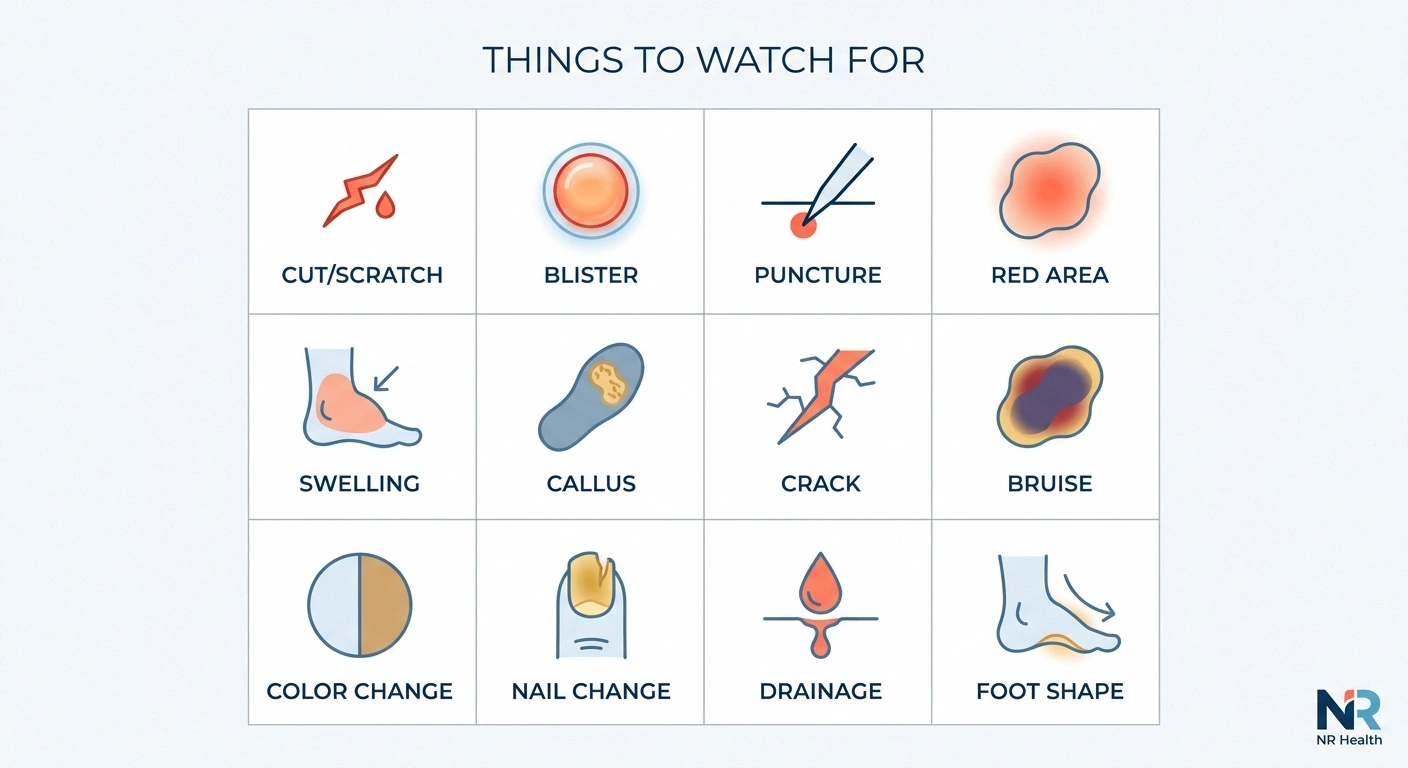 Twelve-icon grid showing what to look for during a daily neuropathy foot inspection.