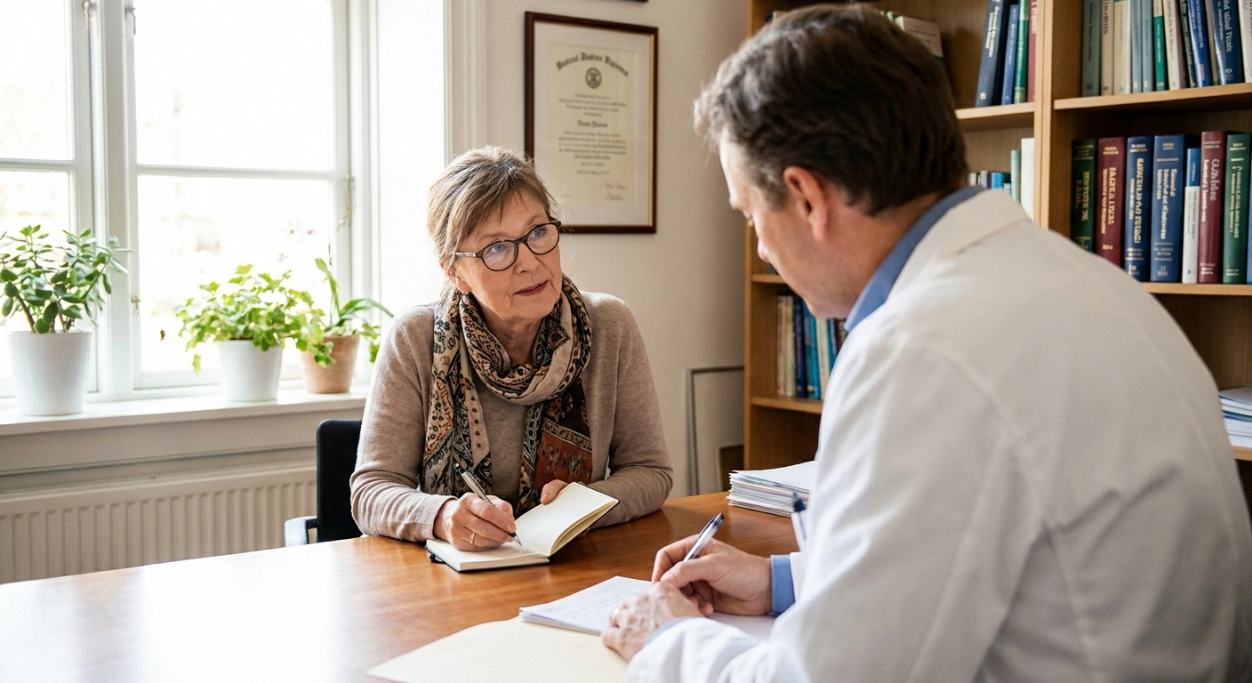 Patient with a notebook describing symptoms calmly to a doctor across a desk in a softly lit office