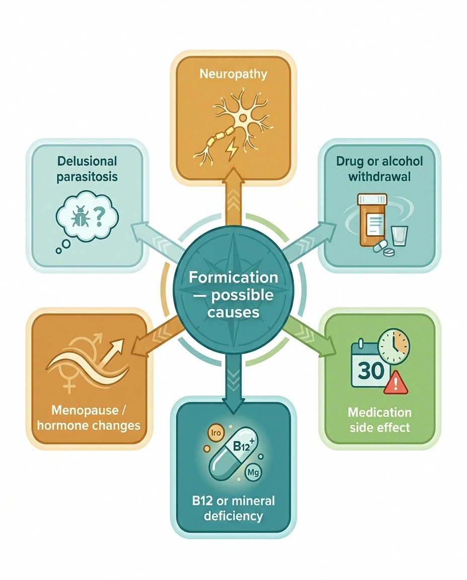 Hub-and-spoke diagram of six possible causes of formication including neuropathy and withdrawal