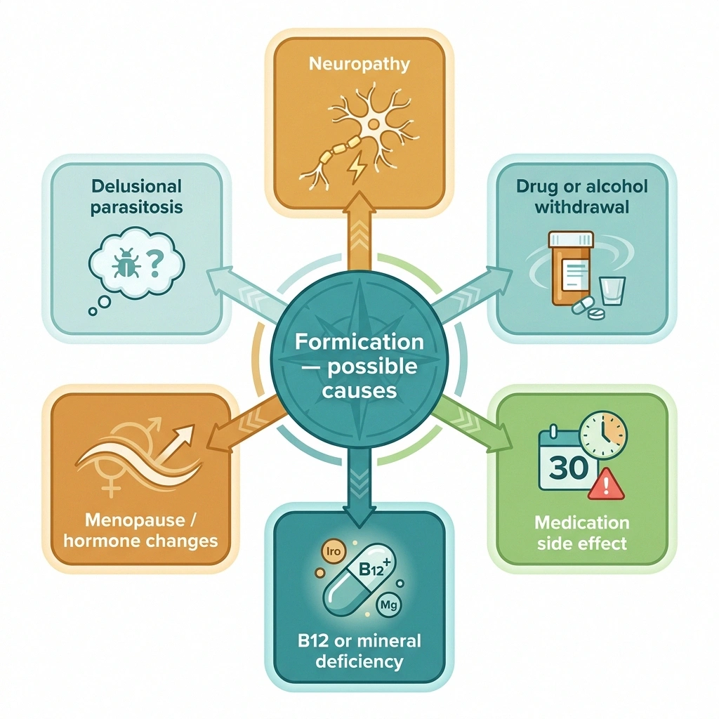 Hub-and-spoke diagram of six possible causes of formication including neuropathy and withdrawal