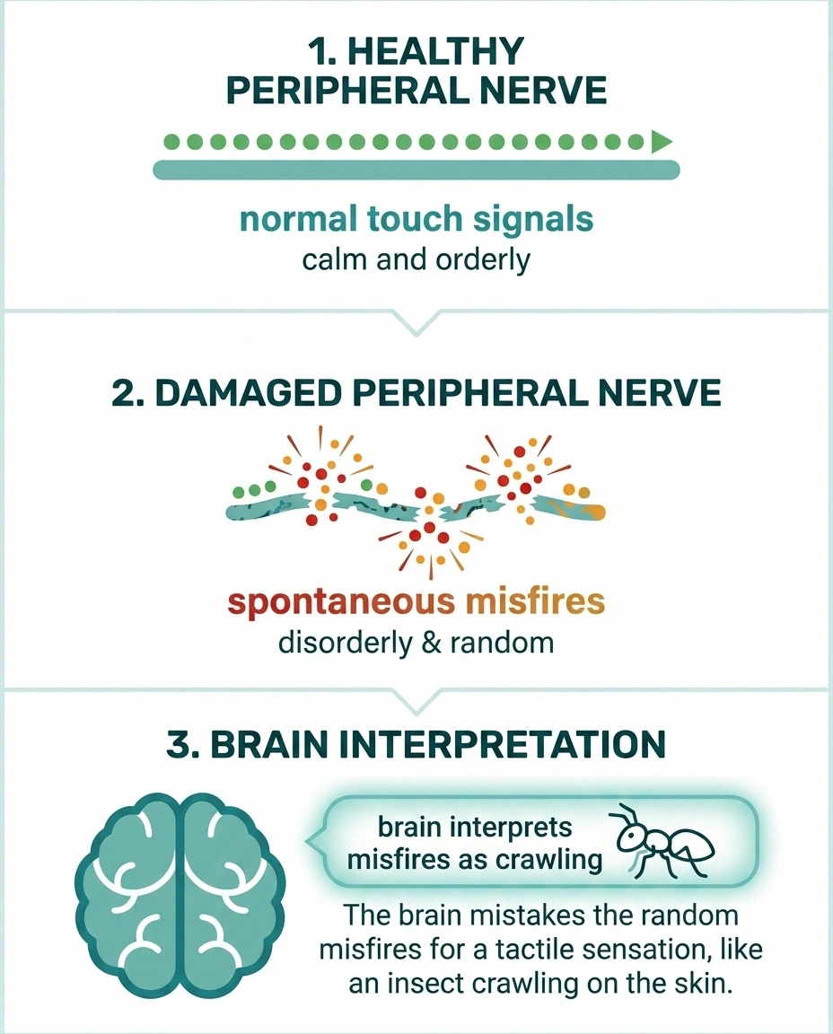 Three-panel diagram showing healthy nerves, damaged nerve misfires, and brain interpreting them as crawling