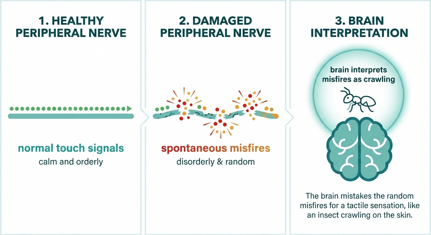 Three-panel diagram showing healthy nerves, damaged nerve misfires, and brain interpreting them as crawling