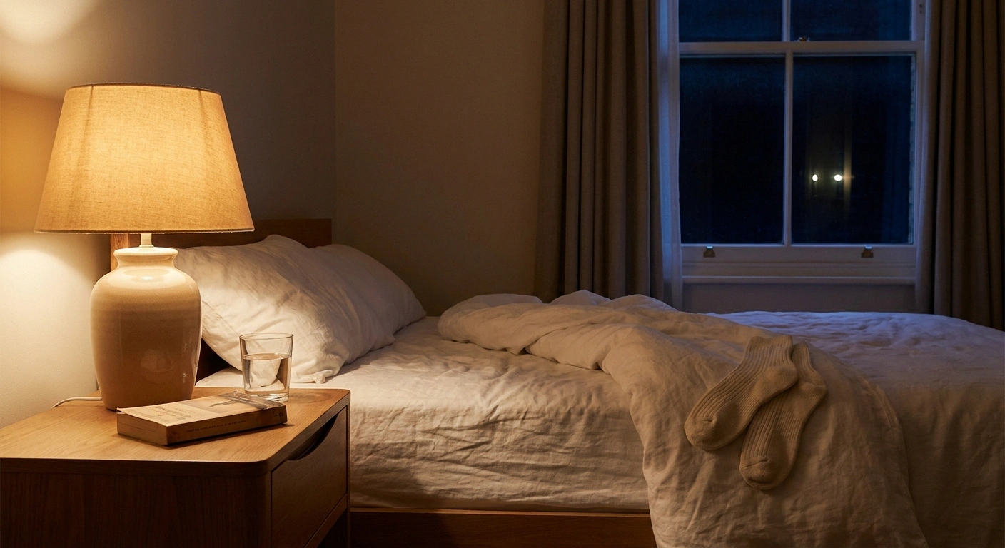 Quiet softly lit bedroom at night with bedside lamp, water glass, and cotton bedsocks on white linens
