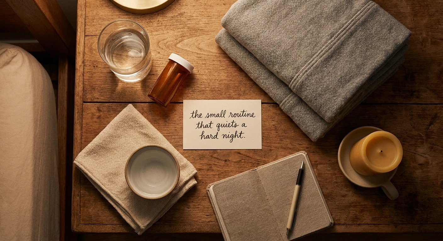 Evening relief kit on a nightstand — water, bedsocks, washcloth, symptom diary