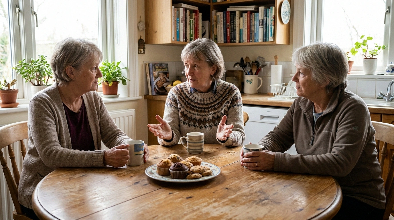Three older women at a kitchen table over tea, one sharing something openly with the other two listening