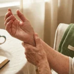 Older adult cupping one hand over the other in the instinctive rub-the-sore-spot gesture explained by gate control theory
