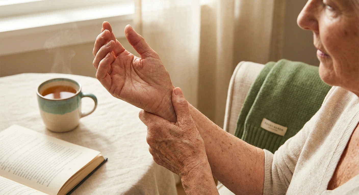 Older adult cupping one hand over the other in the instinctive rub-the-sore-spot gesture explained by gate control theory