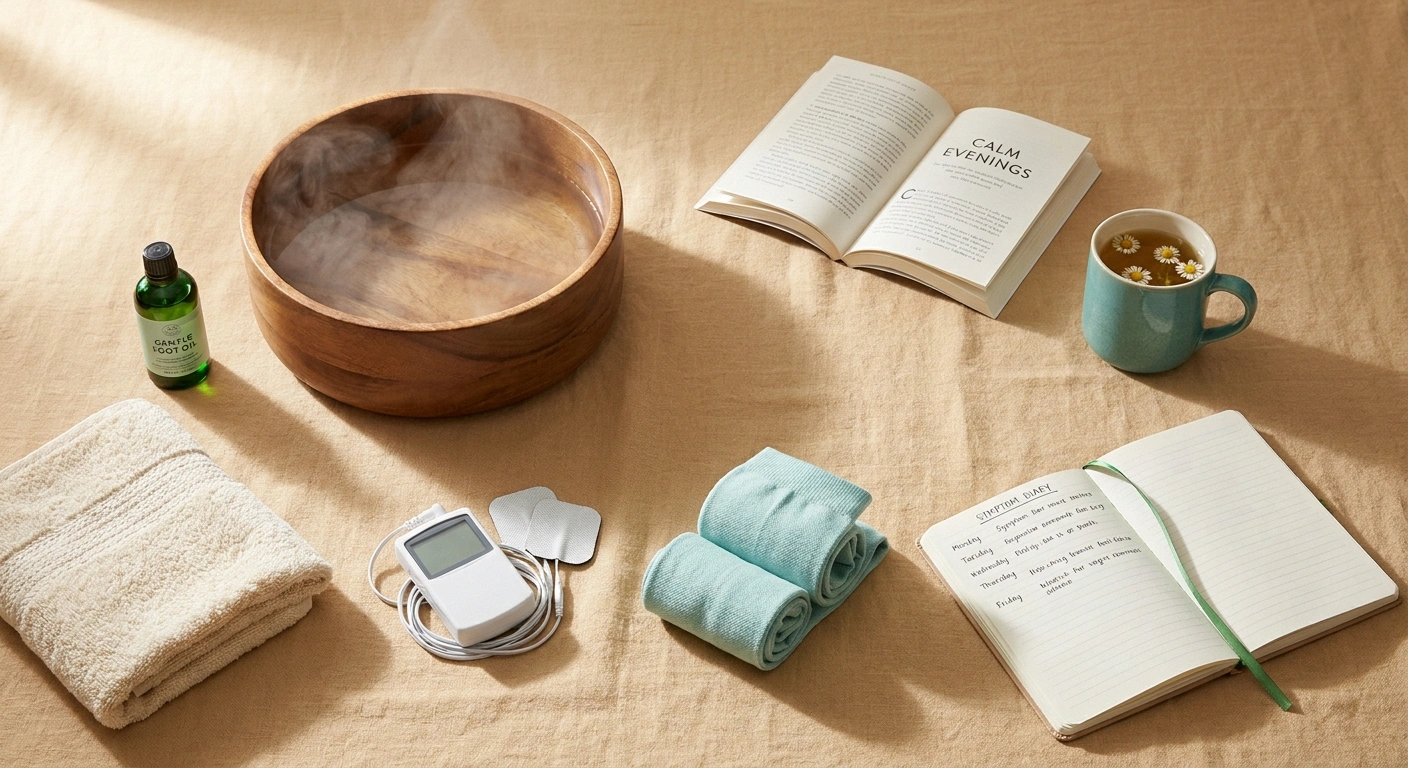 Overhead flat lay of a layered evening neuropathy routine: foot soak, oil, TENS unit, compression socks, tea, symptom diary