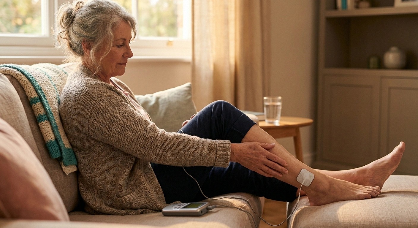 Older adult using a TENS unit on the ankle while gently massaging the calf — two gate-closing therapies layered at once