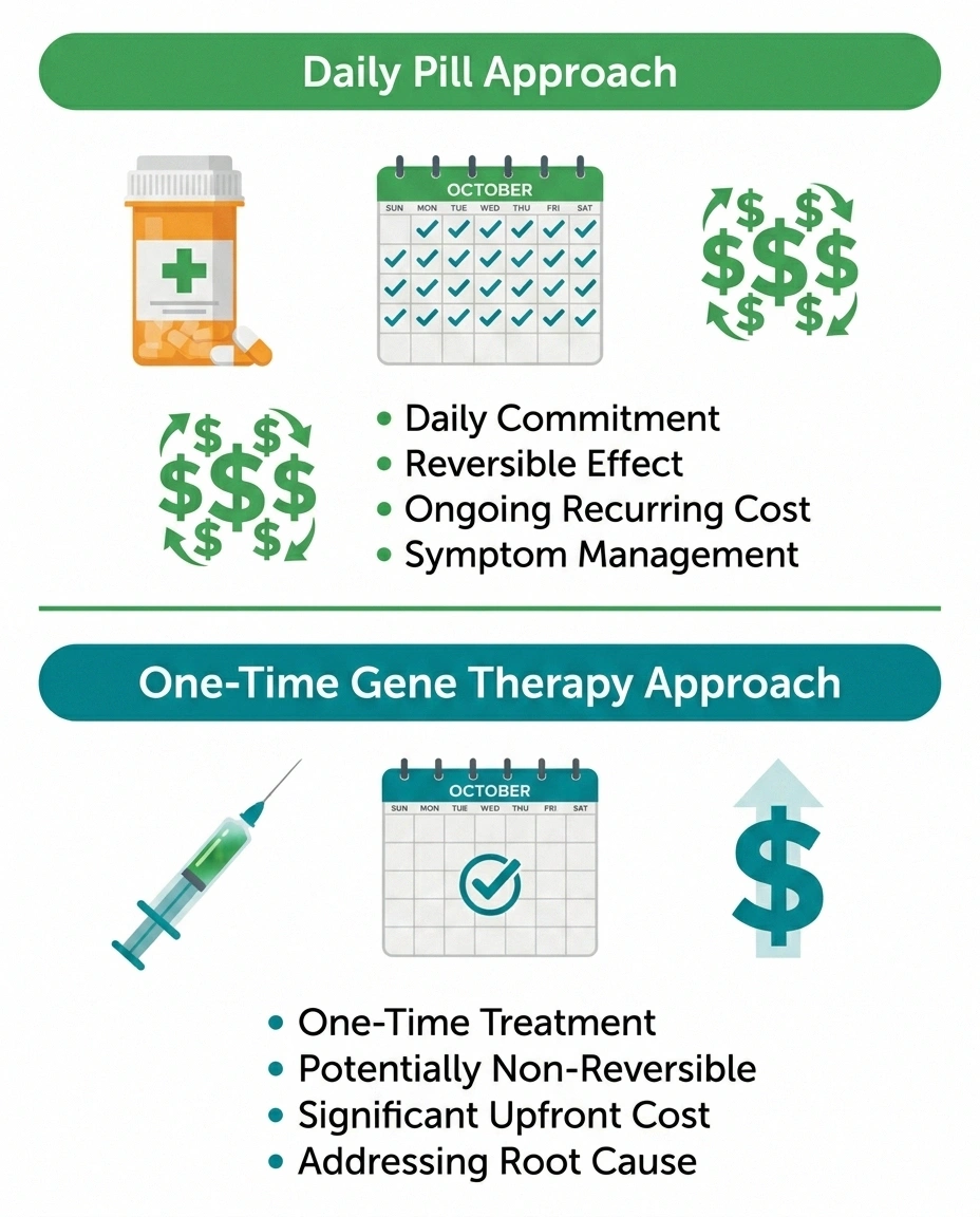 Comparison infographic of daily pill versus one-time gene therapy approaches for nerve pain