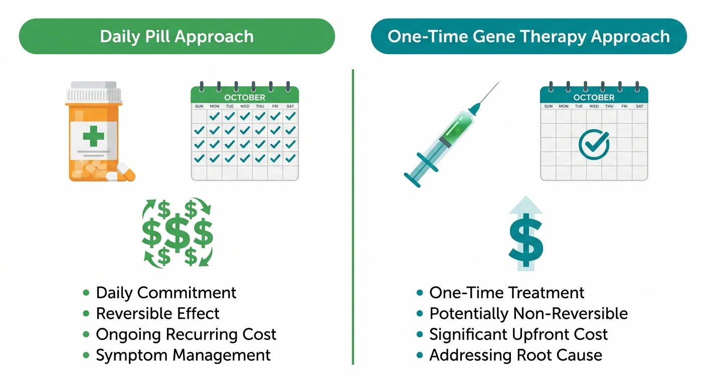 Comparison infographic of daily pill versus one-time gene therapy approaches for nerve pain