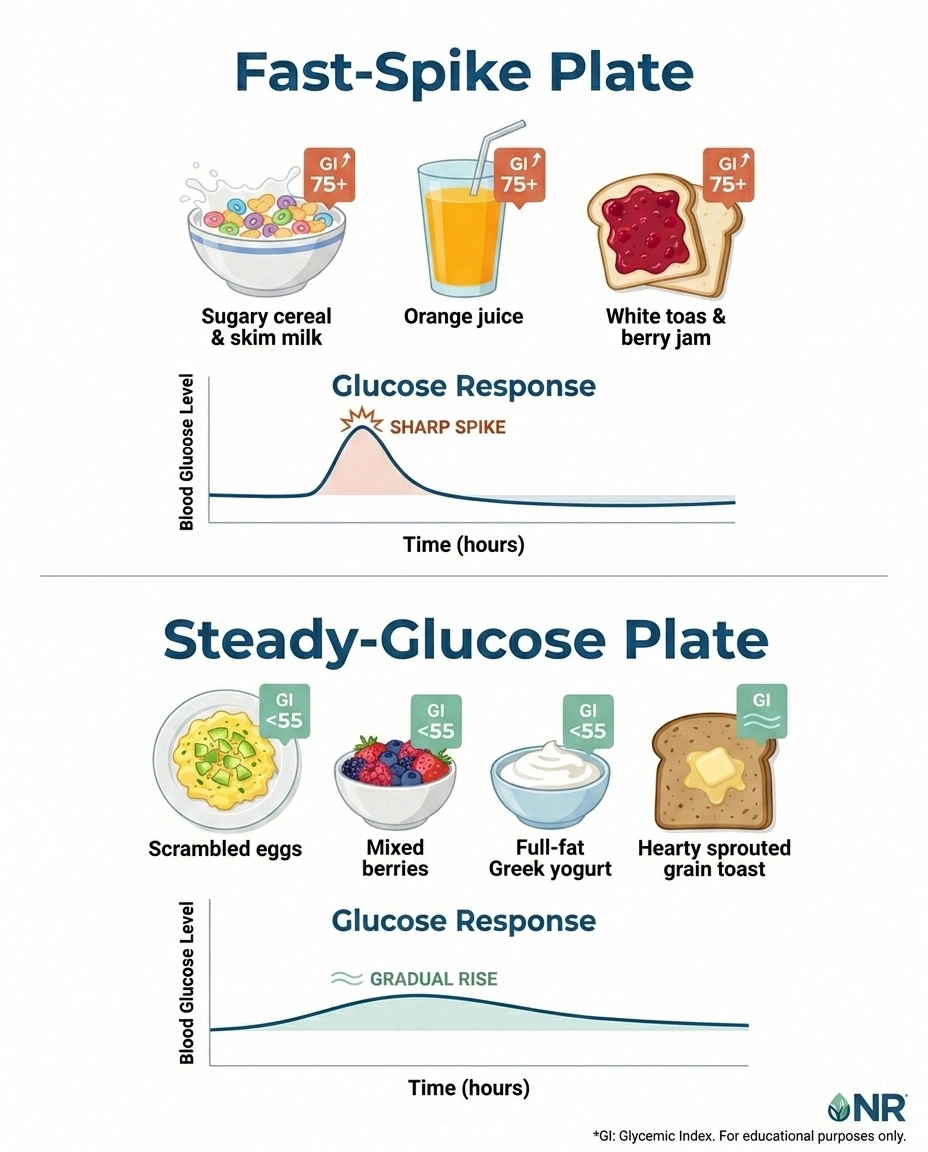 Side by side infographic comparing a high glycemic breakfast plate causing a sharp blood sugar spike with a low glycemic breakfast plate producing a gentle steady rise.