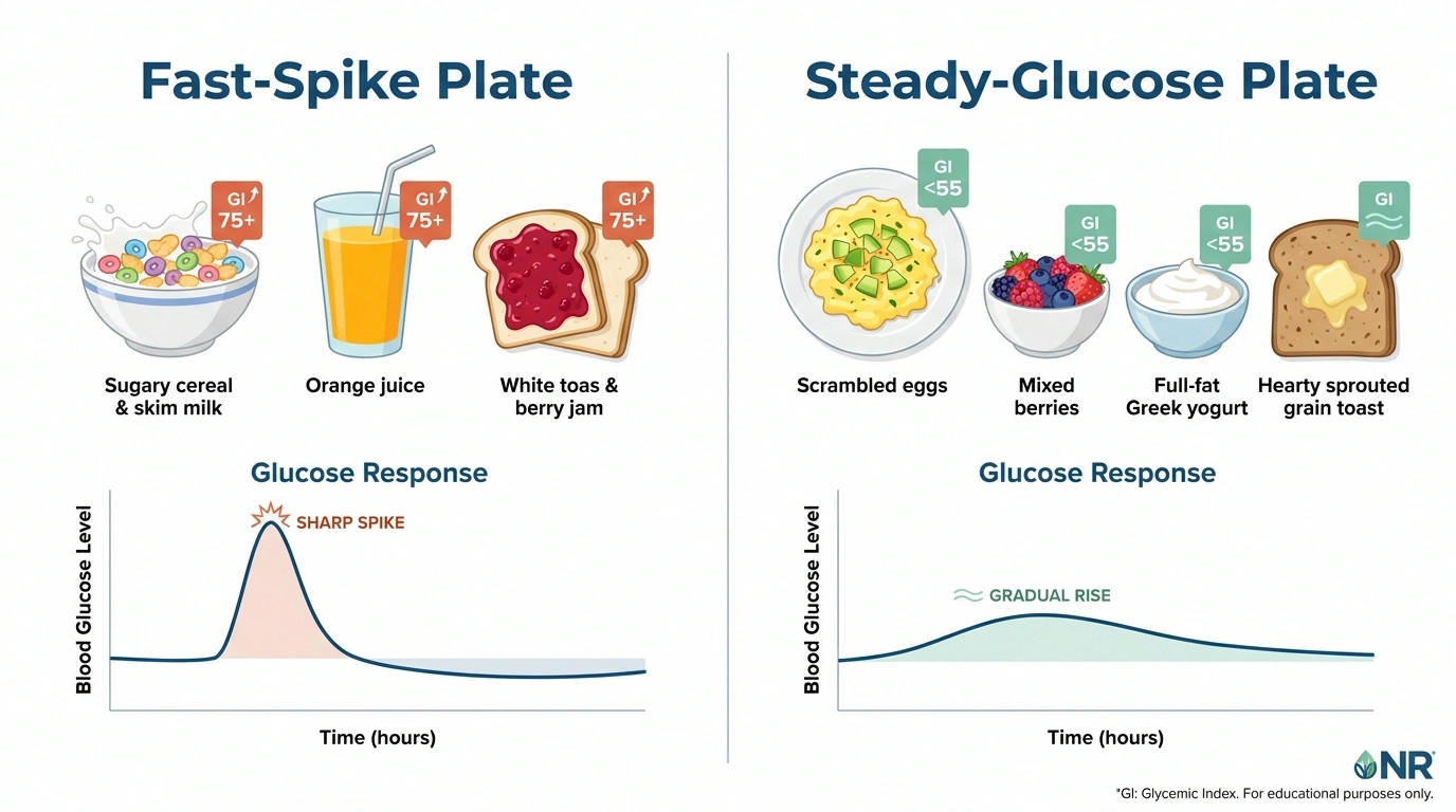 Side by side infographic comparing a high glycemic breakfast plate causing a sharp blood sugar spike with a low glycemic breakfast plate producing a gentle steady rise.