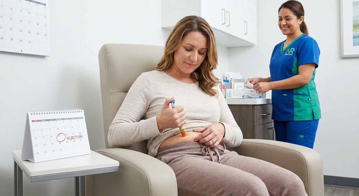 Patient receiving or self-administering a monthly subcutaneous injection of porphyria preventive medication in a bright clinic setting.