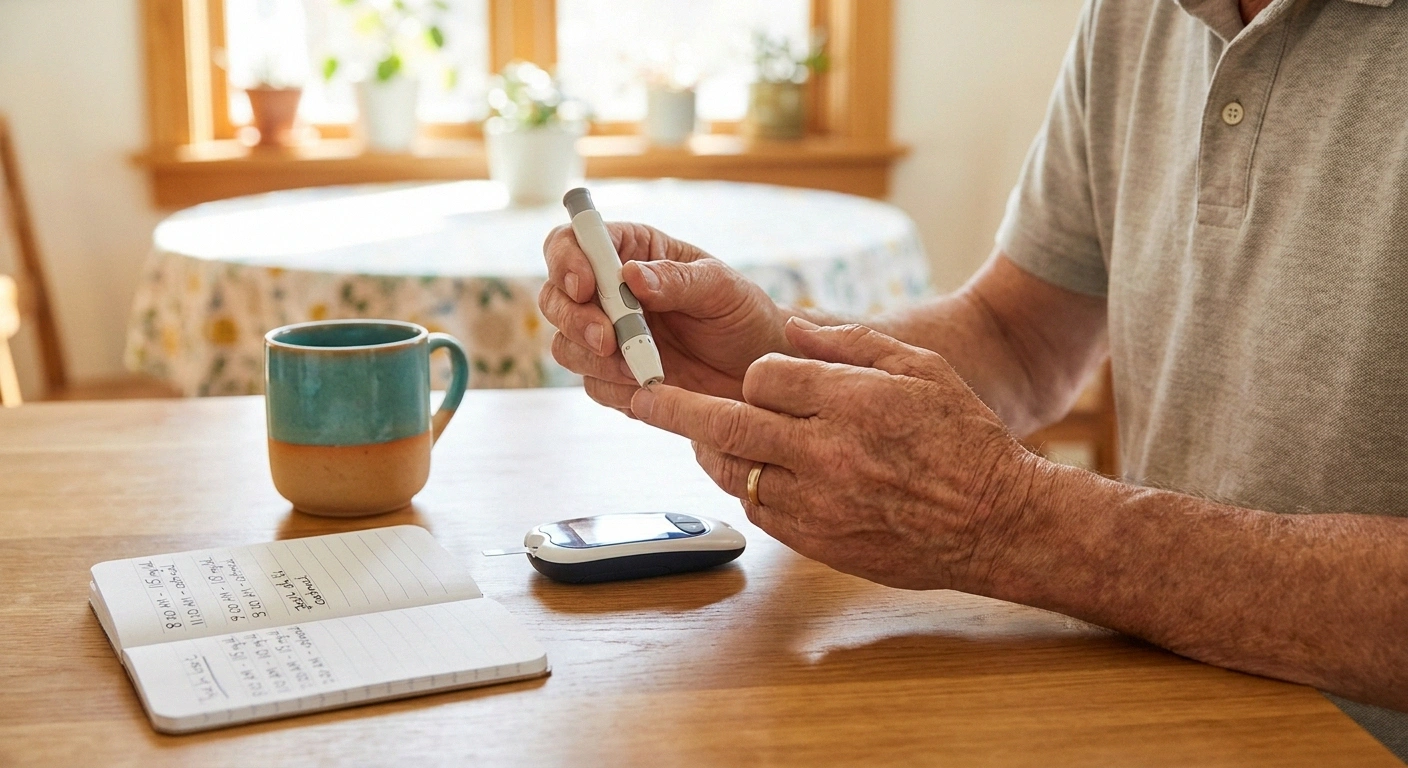 Older adult performing a fingerstick blood sugar test at the kitchen table with a handwritten log of readings beside the glucometer.