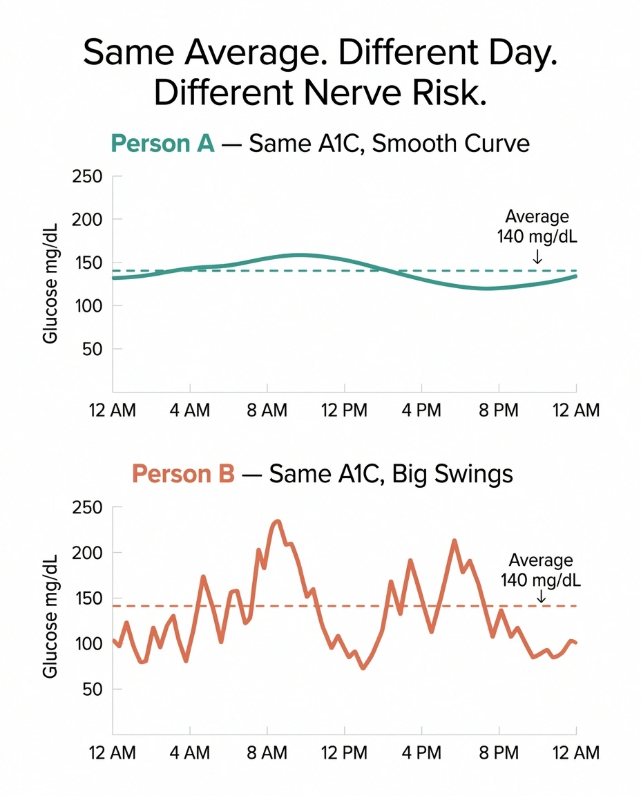 Side by side glucose graphs showing two people with the same average blood sugar but very different daily glucose curves — one smooth, one with large spikes and dips.