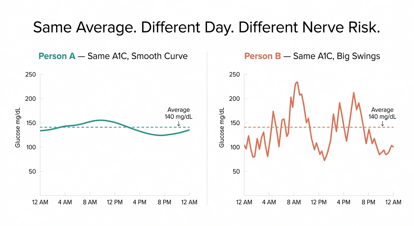 Side by side glucose graphs showing two people with the same average blood sugar but very different daily glucose curves — one smooth, one with large spikes and dips.