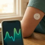 Person wearing a continuous glucose monitor on their arm while reviewing blood sugar data on a phone at a kitchen table.