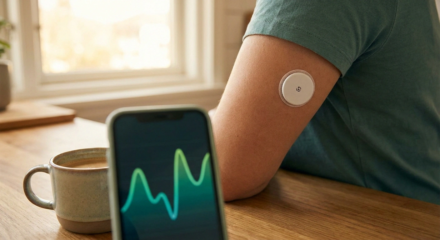 Person wearing a continuous glucose monitor on their arm while reviewing blood sugar data on a phone at a kitchen table.