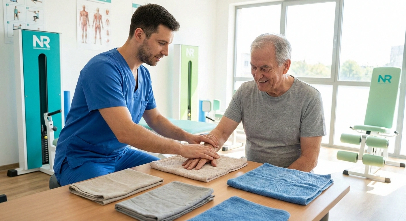 Occupational therapist guiding a patient through graded sensory desensitization exercises with fabric squares of varying textures.