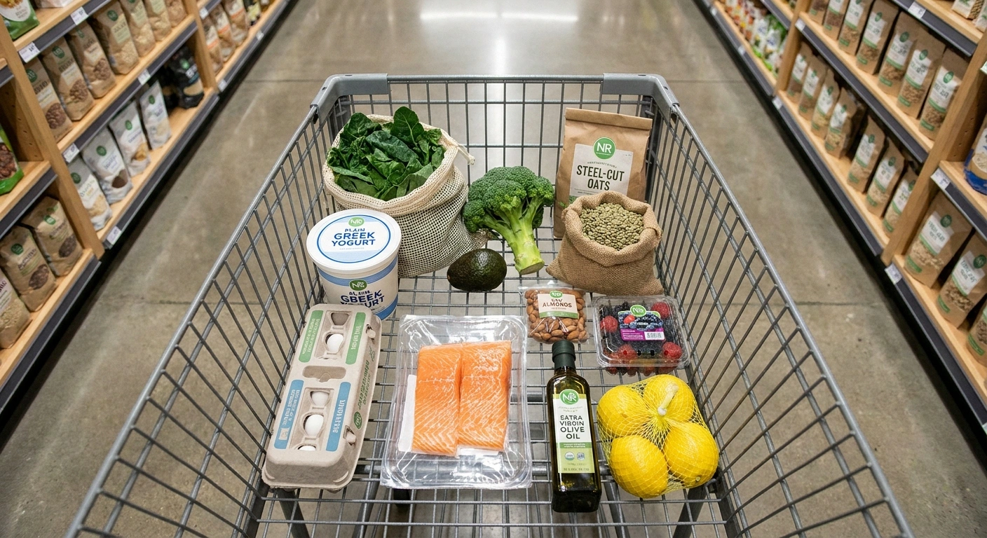 Grocery cart from above filled with low glycemic index staples eggs Greek yogurt leafy greens broccoli avocado lentils oats salmon almonds berries and olive oil.