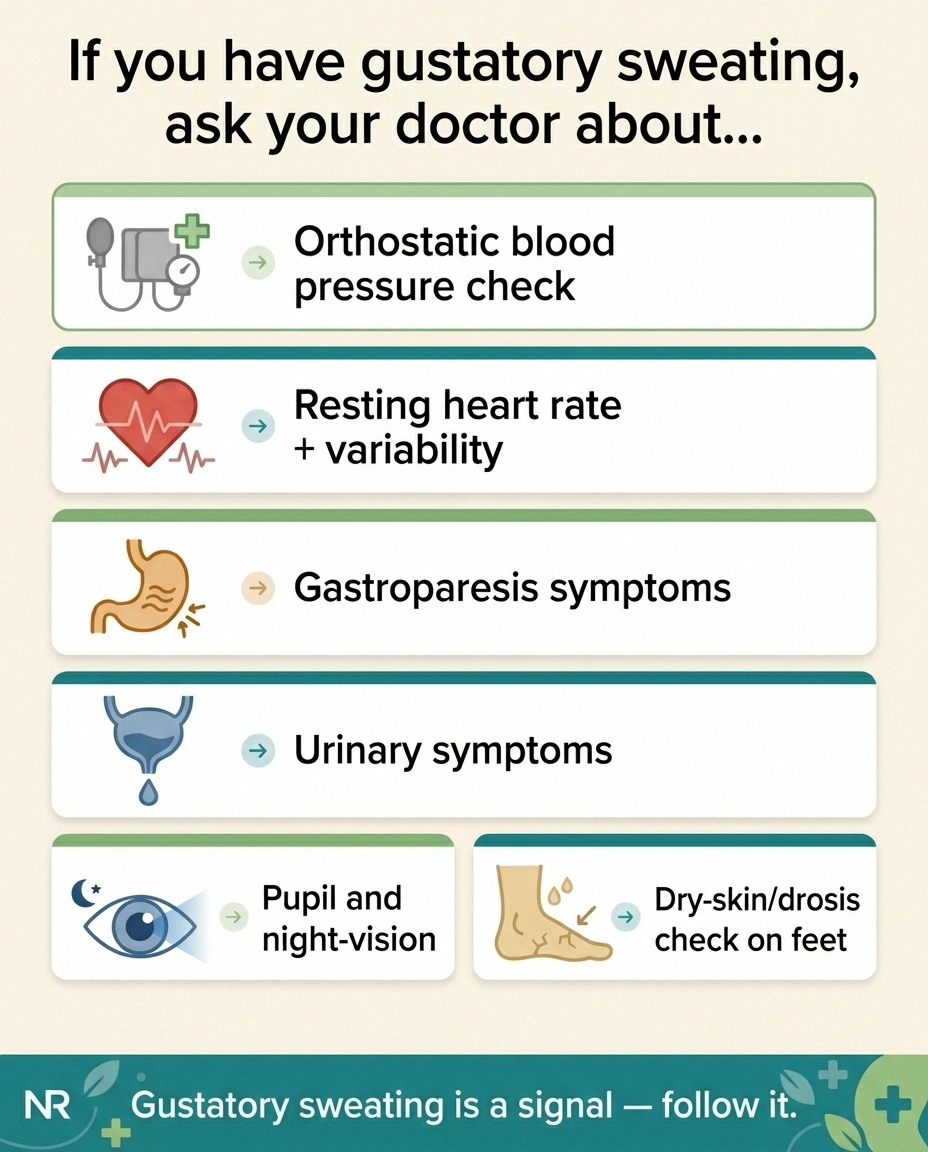 Six-item infographic listing autonomic neuropathy checks to discuss with your doctor if you have gustatory sweating