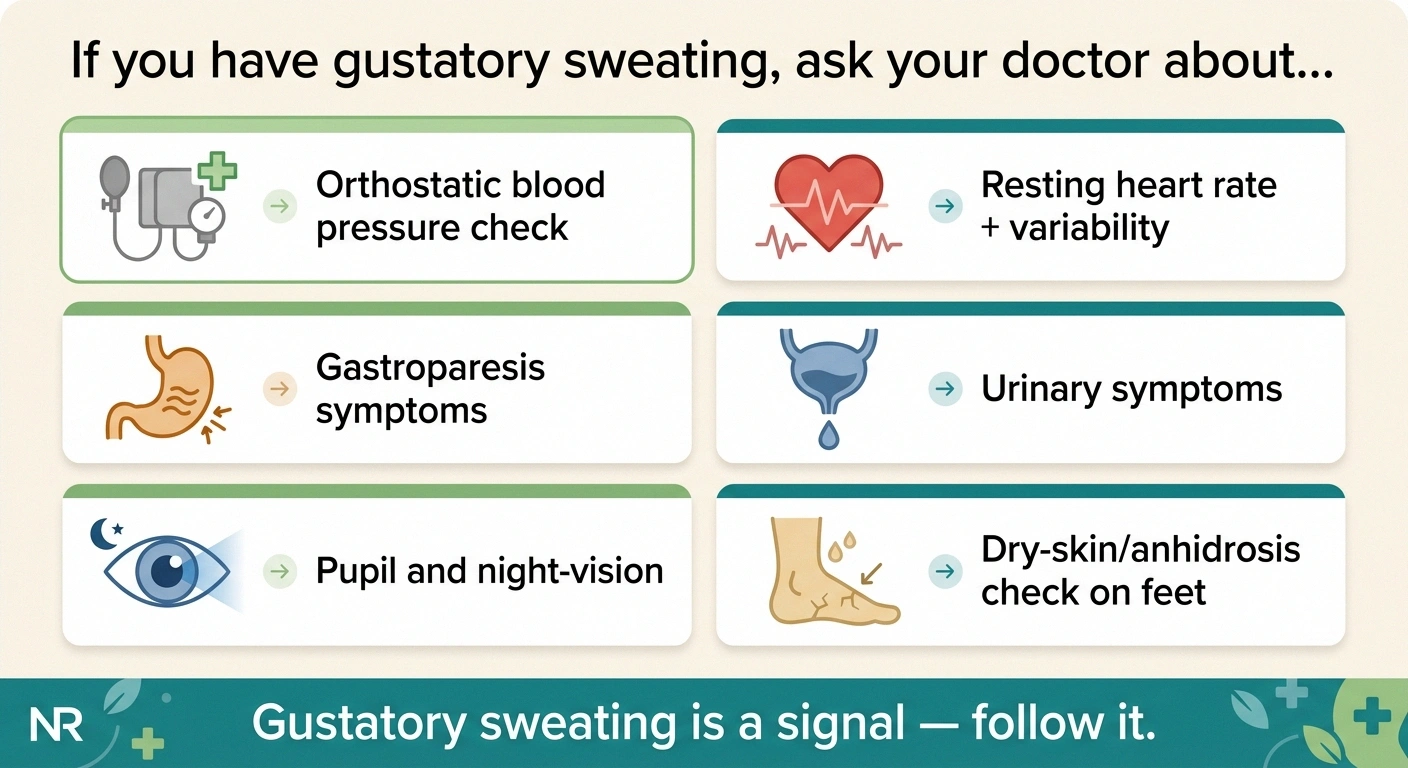 Six-item infographic listing autonomic neuropathy checks to discuss with your doctor if you have gustatory sweating
