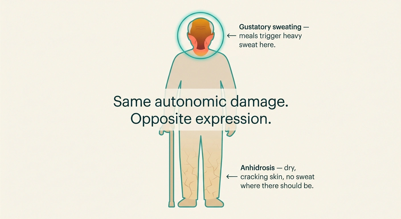 Full-body diagram showing facial gustatory sweating zones contrasted with anhidrosis (dry skin) on the feet and lower legs