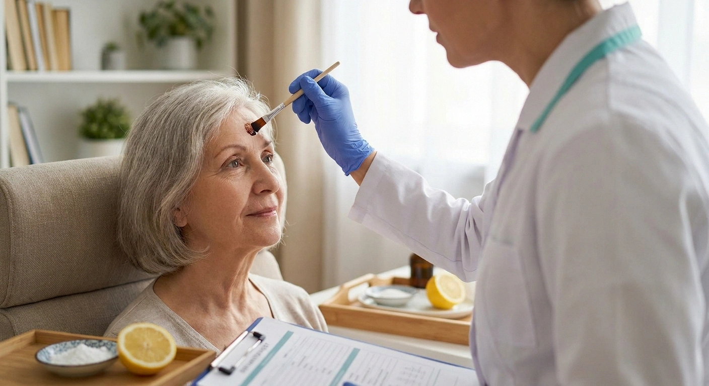 Dermatologist applying iodine solution to a patient's forehead during a Minor iodine-starch test for gustatory sweating