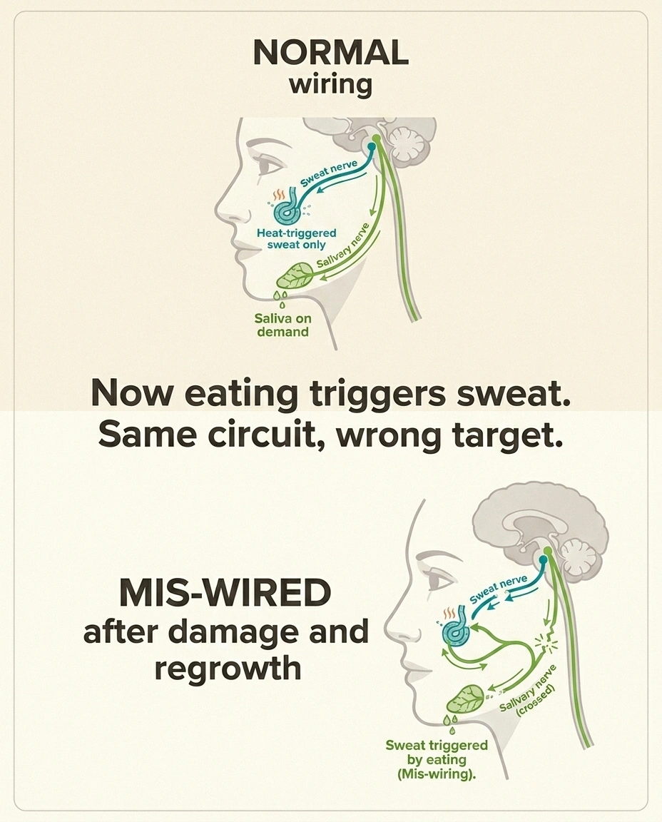 Two-panel infographic comparing normal facial autonomic wiring with mis-wired regeneration that causes gustatory sweating