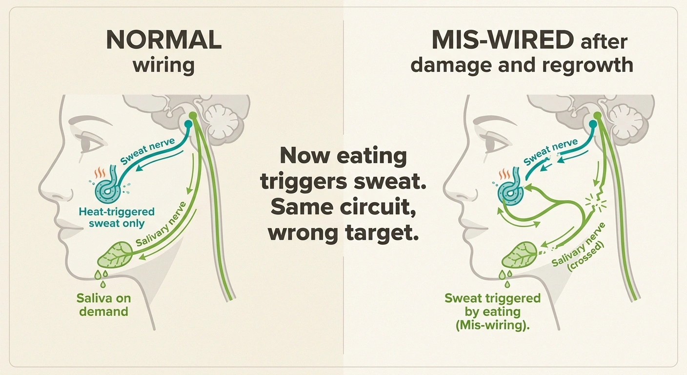 Two-panel infographic comparing normal facial autonomic wiring with mis-wired regeneration that causes gustatory sweating