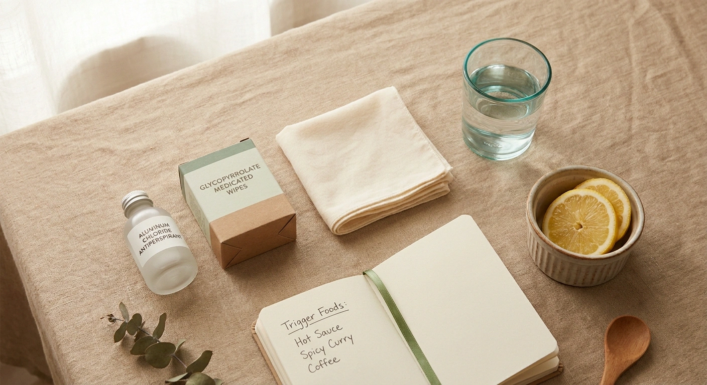 Overhead flat lay of gustatory-sweating treatment options — aluminum chloride antiperspirant, glycopyrrolate wipes, cotton handkerchief, trigger-food log