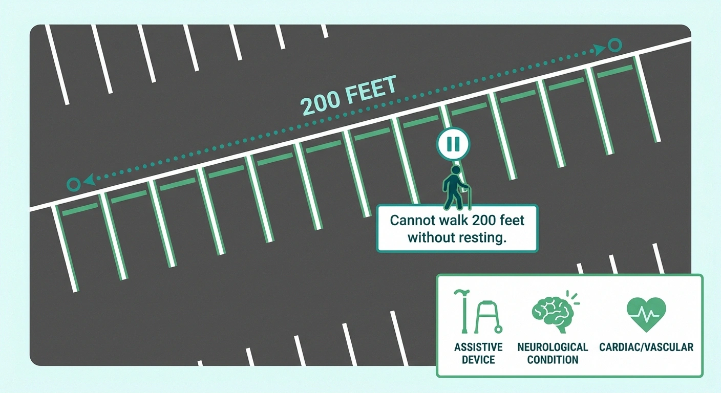 Overhead parking-lot illustration showing the 200-foot walking distance as roughly one row of parking spaces, with icons representing other qualifying criteria for a disability placard.