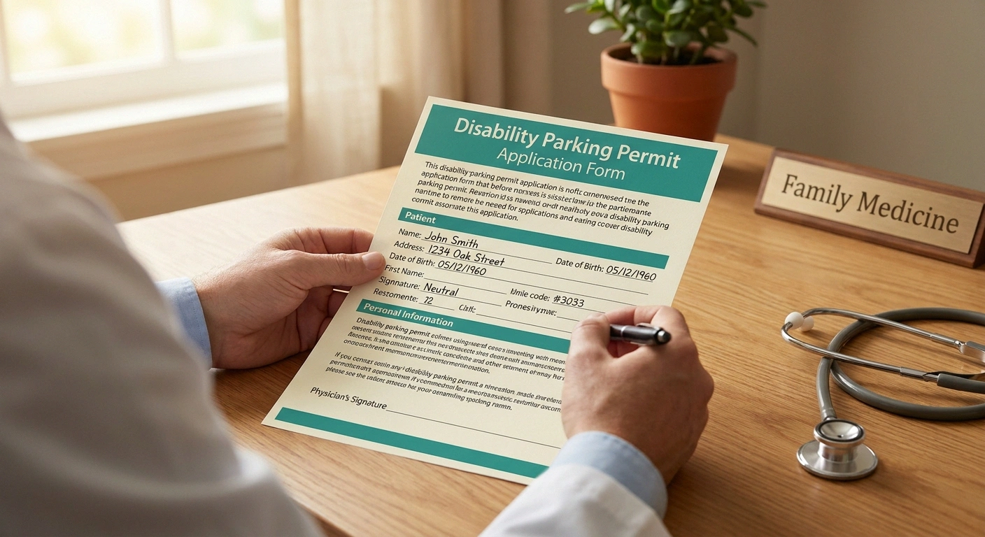 A doctor's desk with a disability parking permit application open, patient section pre-filled, a doctor's pen poised above the signature line, and a stethoscope to the side — anchoring the brief office-visit conversation.