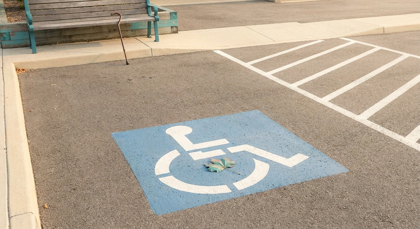 A clean accessible parking space with the international access symbol painted on blue asphalt, a cane resting against a nearby bench, and an autumn leaf — anchoring a respectful look at handicap parking permits for neuropathy.