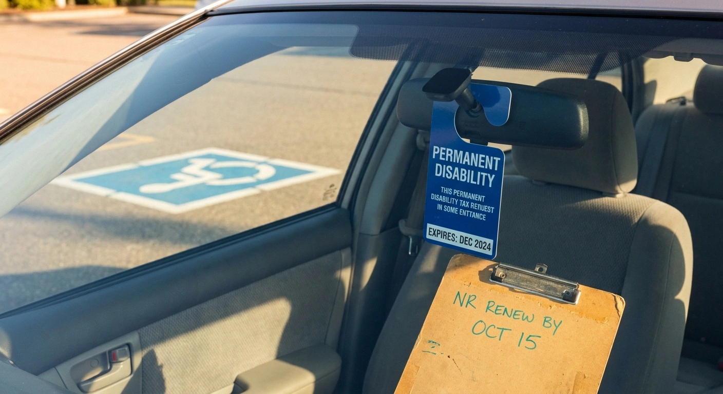 A blue permanent disability parking placard hung correctly from a car's rearview mirror with the dated side facing the windshield, the painted accessible parking symbol visible through the glass below.