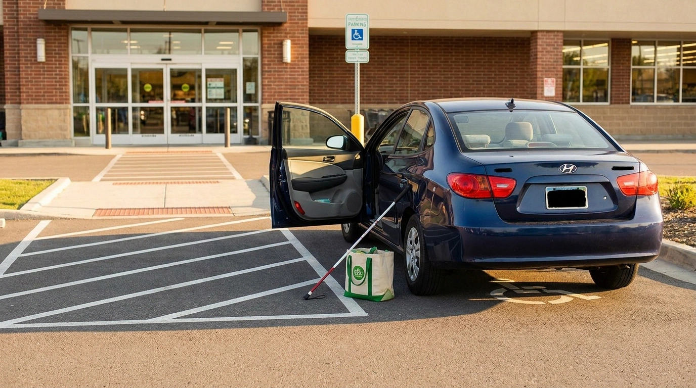 A car parked correctly inside an accessible parking space with the wider access aisle visible, a folded cane and grocery tote on the ground beside the open driver's door, and a paved level approach to the store entrance.